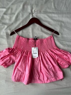 Zara Bright Pink Smocked Off-Shoulder Crop Top